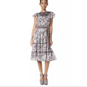 Rebecca Taylor La Vie Grey and Pink Floral Embroidered Indochine Midi Dress